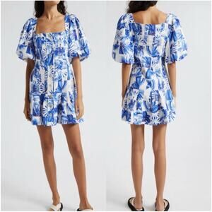 FARM Rio Garden Tiles Linen Blend Mini Dress Blue Puff Sleeve Size Medium NWT